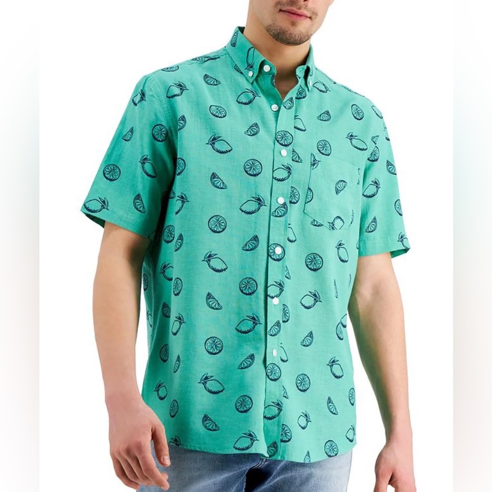 Club Room Men’s Lemon Sketch Short Sleeve Linen Blend Button-Down Shirt